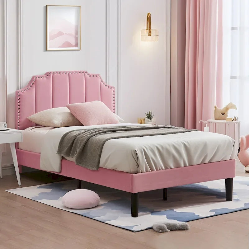 Upholstered Platform Bed Frame with Nailhead Adjustable Headboard, No Box Spring Needed