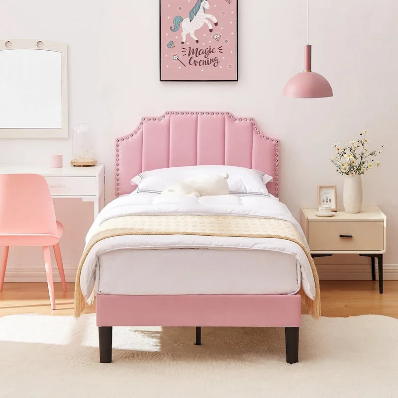 Upholstered Platform Bed Frame with Nailhead Adjustable Headboard, No Box Spring Needed