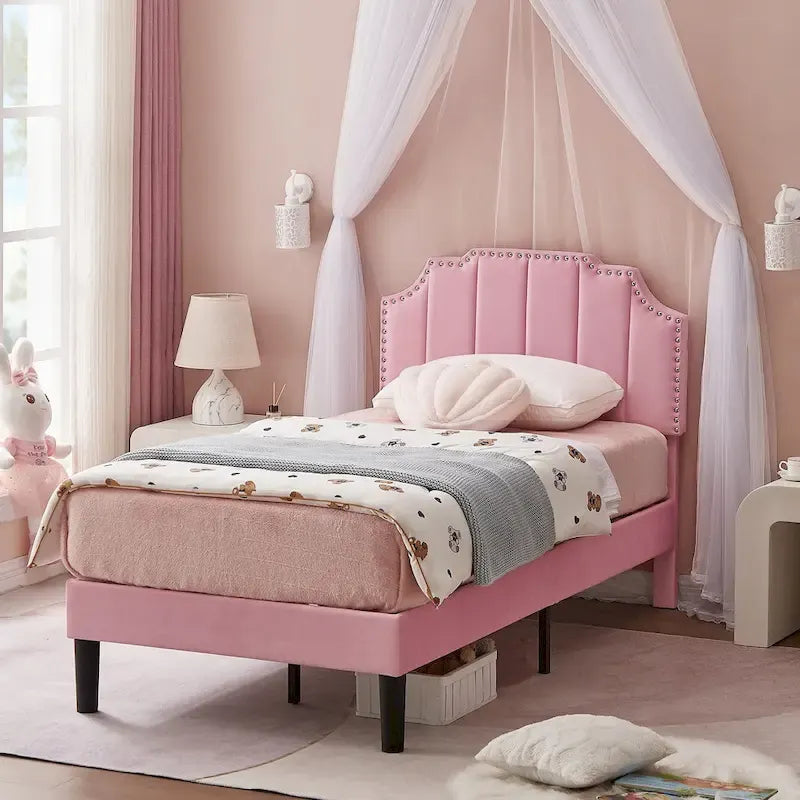 Upholstered Platform Bed Frame with Nailhead Adjustable Headboard, No Box Spring Needed