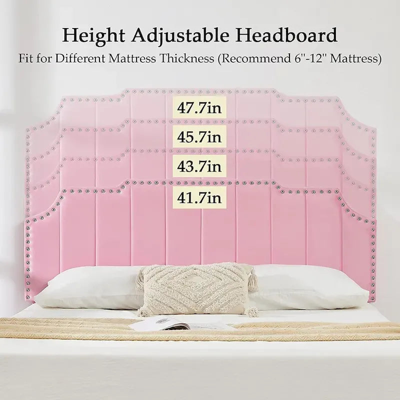 Upholstered Platform Bed Frame with Nailhead Adjustable Headboard, No Box Spring Needed