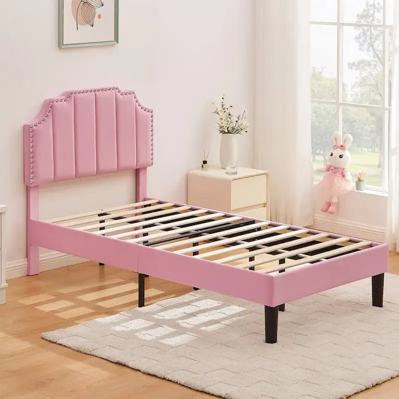 Upholstered Platform Bed Frame with Nailhead Adjustable Headboard, No Box Spring Needed