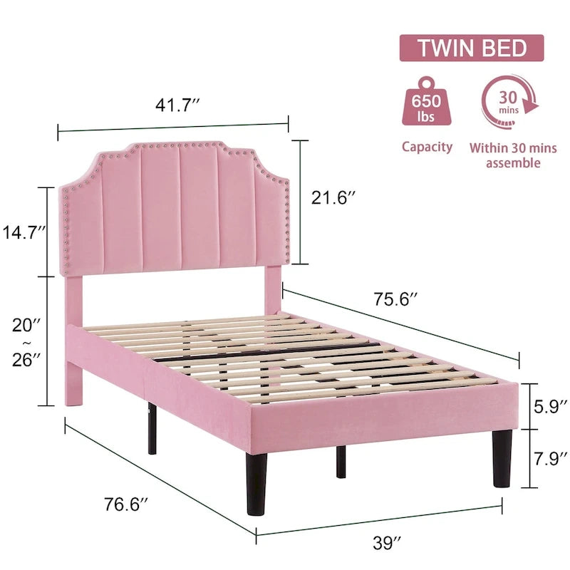 Upholstered Platform Bed Frame with Nailhead Adjustable Headboard, No Box Spring Needed
