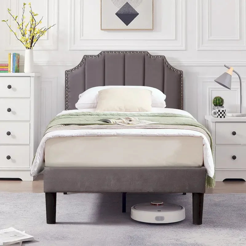 Upholstered Platform Bed Frame with Nailhead Adjustable Headboard, No Box Spring Needed
