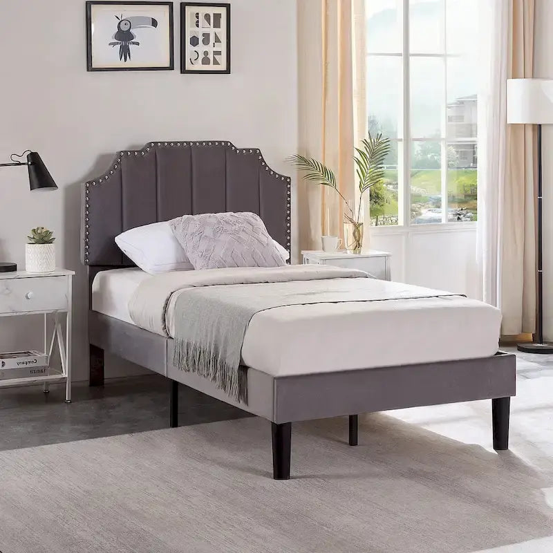 Upholstered Platform Bed Frame with Nailhead Adjustable Headboard, No Box Spring Needed