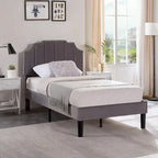 Upholstered Platform Bed Frame with Nailhead Adjustable Headboard, No Box Spring Needed