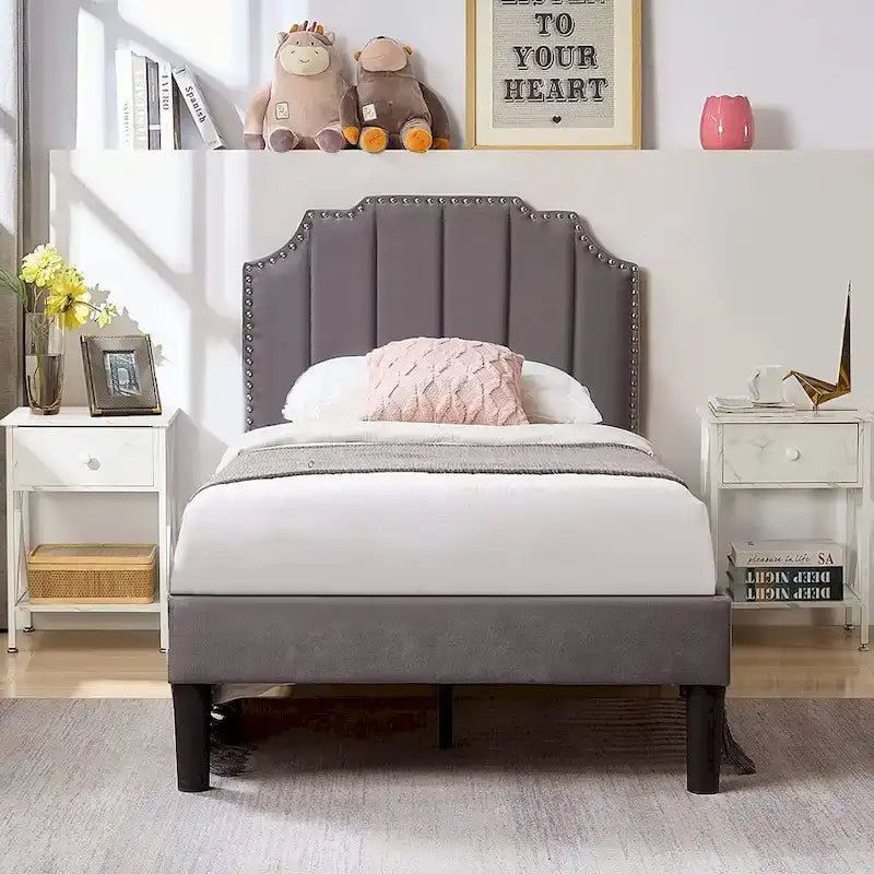 Upholstered Platform Bed Frame with Nailhead Adjustable Headboard, No Box Spring Needed