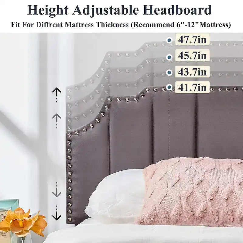 Upholstered Platform Bed Frame with Nailhead Adjustable Headboard, No Box Spring Needed