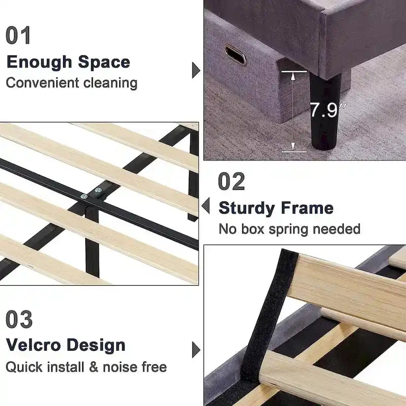 Upholstered Platform Bed Frame with Nailhead Adjustable Headboard, No Box Spring Needed
