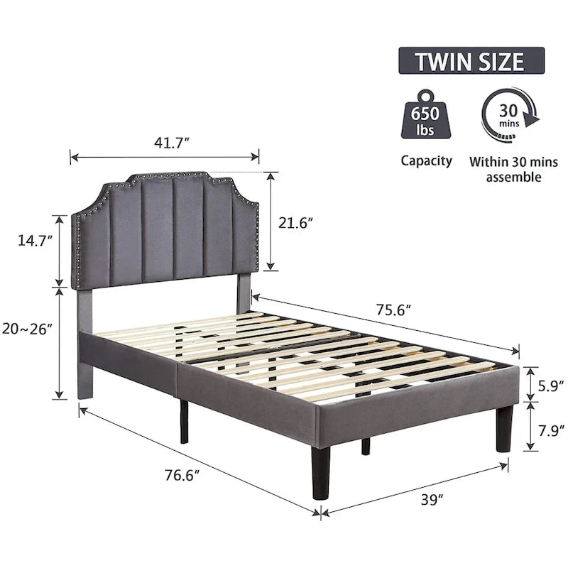 Upholstered Platform Bed Frame with Nailhead Adjustable Headboard, No Box Spring Needed