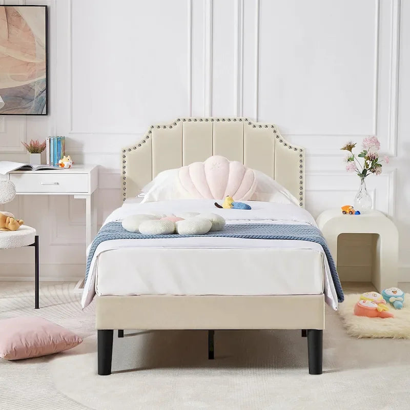Upholstered Platform Bed Frame with Nailhead Adjustable Headboard, No Box Spring Needed