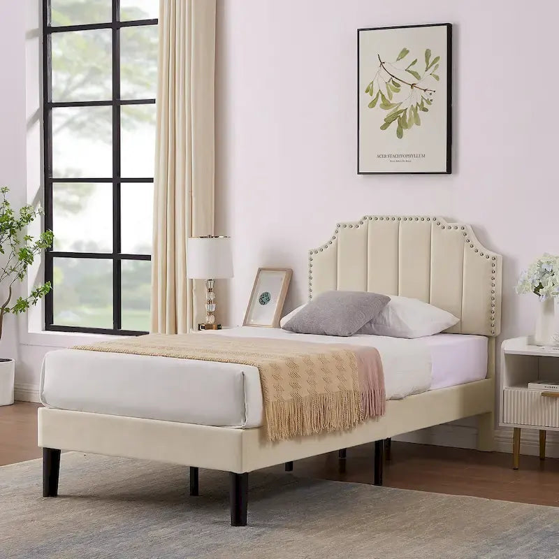 Upholstered Platform Bed Frame with Nailhead Adjustable Headboard, No Box Spring Needed