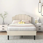 Upholstered Platform Bed Frame with Nailhead Adjustable Headboard, No Box Spring Needed