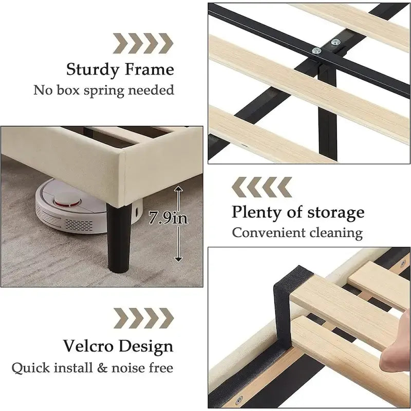 Upholstered Platform Bed Frame with Nailhead Adjustable Headboard, No Box Spring Needed