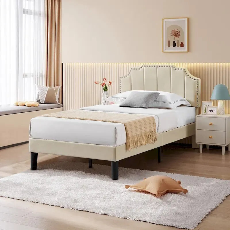Upholstered Platform Bed Frame with Nailhead Adjustable Headboard, No Box Spring Needed