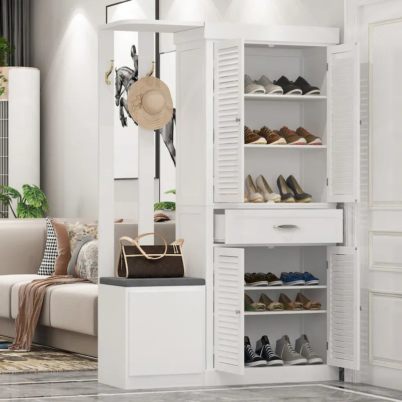 30-Pair Wooden Floor Shoe Cabinet with Double-Door and Storage Drawer