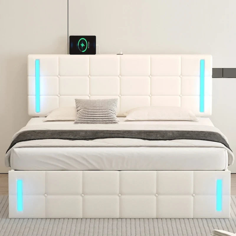 Upholstered Bed with Hydraulic Storage System and USB Charging Station