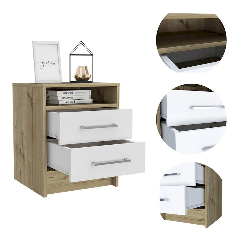 2-Drawer 1-Shelf Rectangle Nightstand in Smokey Oak