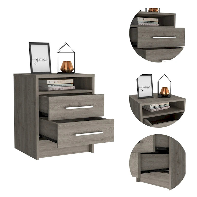 2-Drawer 1-Shelf Rectangle Nightstand in Smokey Oak