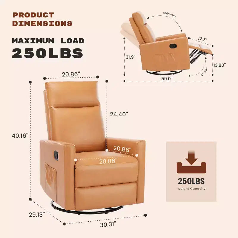 Poltrona reclinabile manuale JIONJOY con base girevole e dondolo - Recliner a dondolo a 3 posizioni, poltrona da salotto di facile montaggio con tasca portaoggetti - Marrone