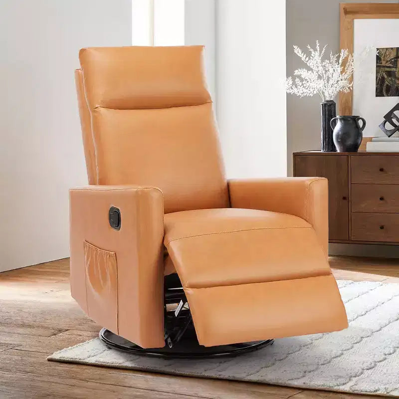 Poltrona reclinabile manuale JIONJOY con base girevole e dondolo - Recliner a dondolo a 3 posizioni, poltrona da salotto di facile montaggio con tasca portaoggetti - Marrone