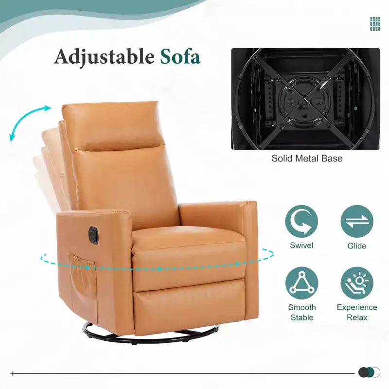 Poltrona reclinabile manuale JIONJOY con base girevole e dondolo - Recliner a dondolo a 3 posizioni, poltrona da salotto di facile montaggio con tasca portaoggetti - Marrone