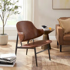Mid-Century Modern Genuine Leather Accent Lounge Chair with Metal Frame