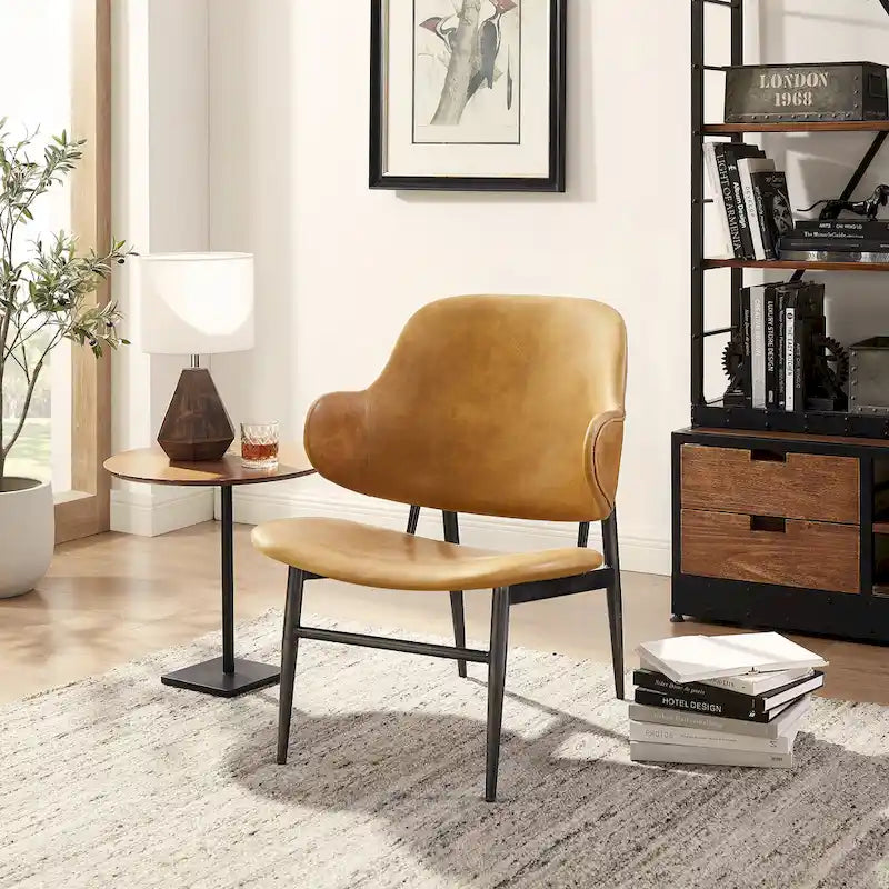 Mid-Century Modern Genuine Leather Accent Lounge Chair with Metal Frame