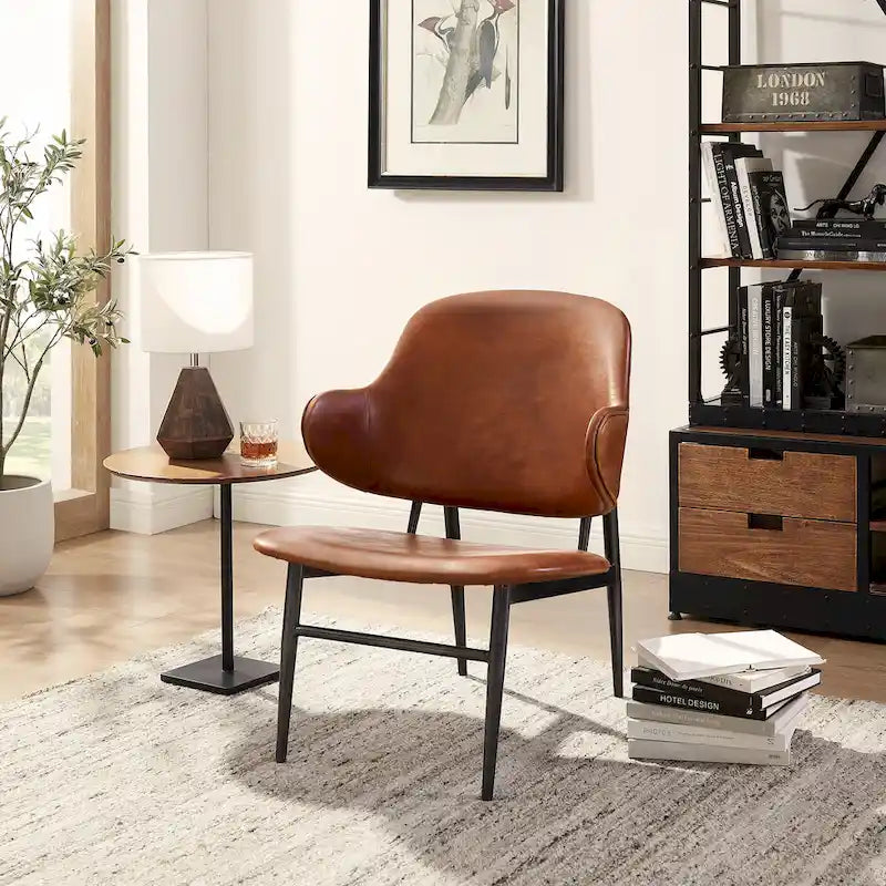 Mid-Century Modern Genuine Leather Accent Lounge Chair with Metal Frame