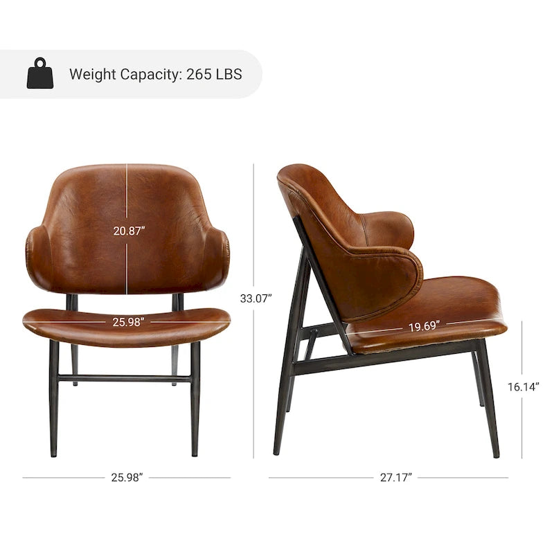 Mid-Century Modern Genuine Leather Accent Lounge Chair with Metal Frame