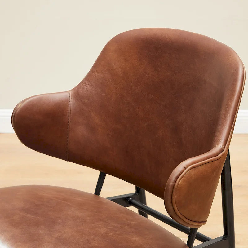Mid-Century Modern Genuine Leather Accent Lounge Chair with Metal Frame