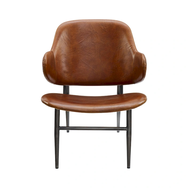Mid-Century Modern Genuine Leather Accent Lounge Chair with Metal Frame