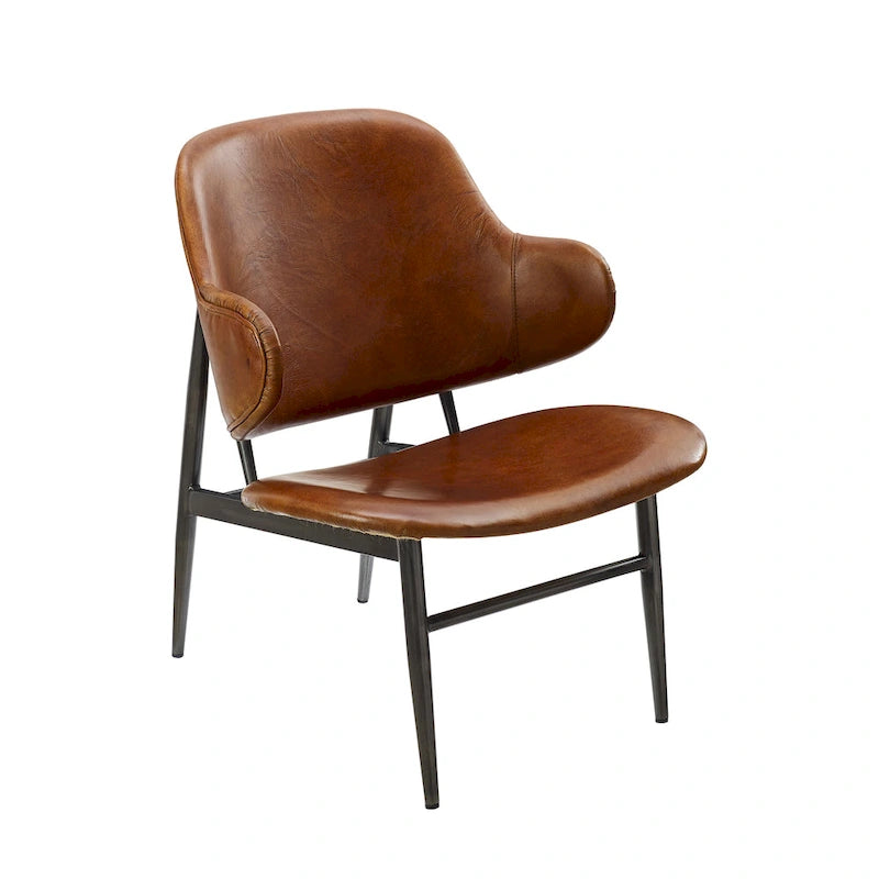 Mid-Century Modern Genuine Leather Accent Lounge Chair with Metal Frame