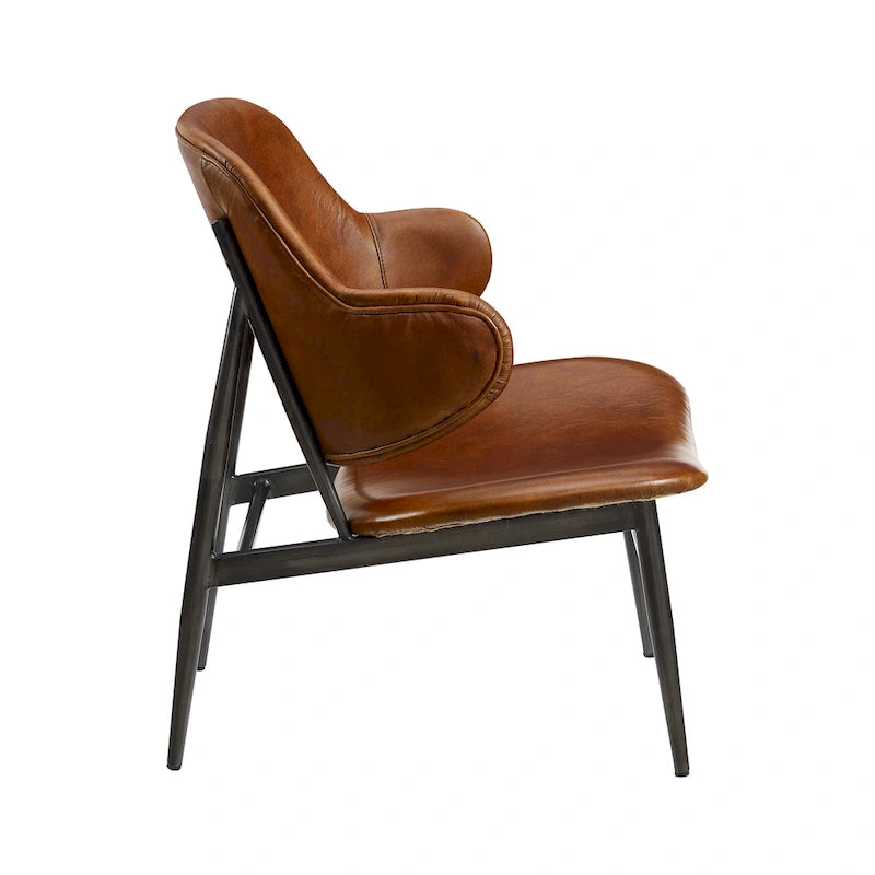 Mid-Century Modern Genuine Leather Accent Lounge Chair with Metal Frame