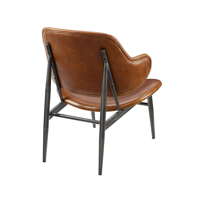 Mid-Century Modern Genuine Leather Accent Lounge Chair with Metal Frame