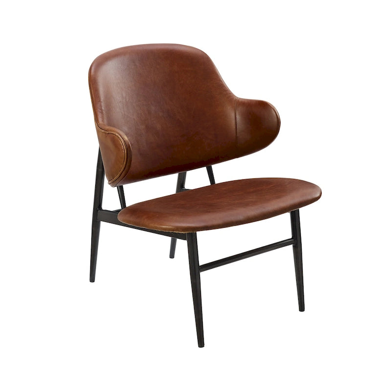 Mid-Century Modern Genuine Leather Accent Lounge Chair with Metal Frame