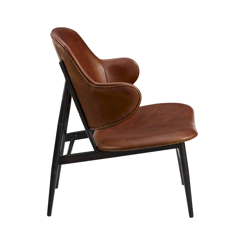 Mid-Century Modern Genuine Leather Accent Lounge Chair with Metal Frame