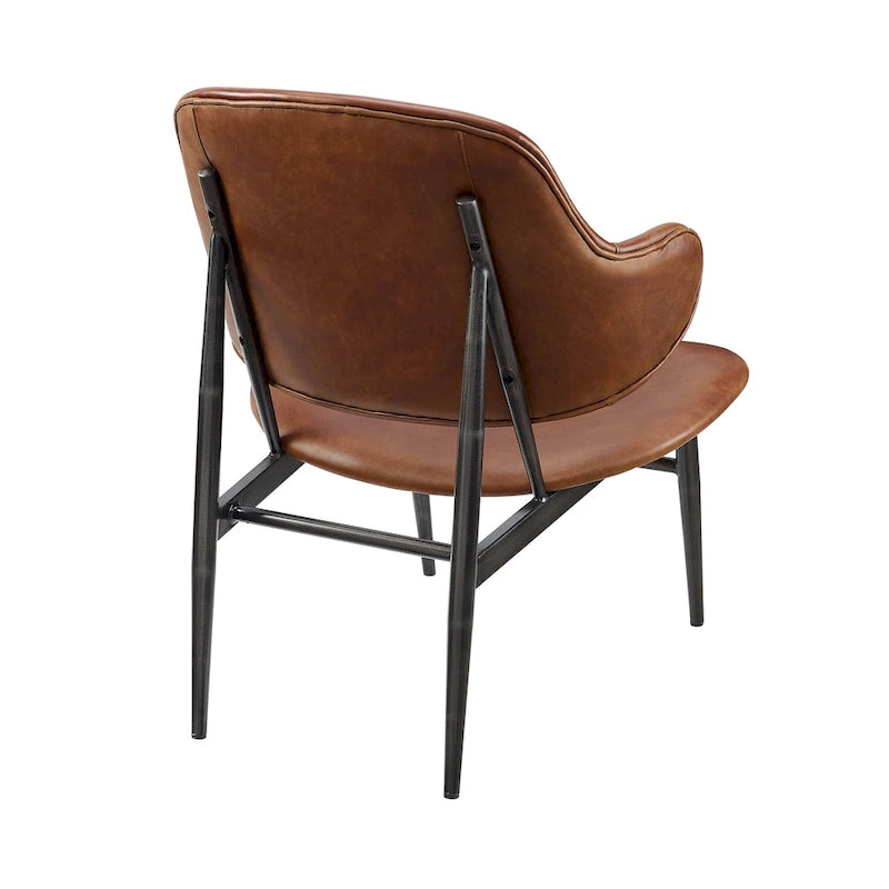 Mid-Century Modern Genuine Leather Accent Lounge Chair with Metal Frame