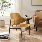Mid-Century Modern Genuine Leather Accent Lounge Chair with Metal Frame