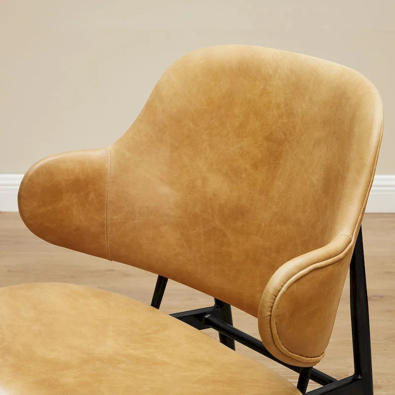 Mid-Century Modern Genuine Leather Accent Lounge Chair with Metal Frame