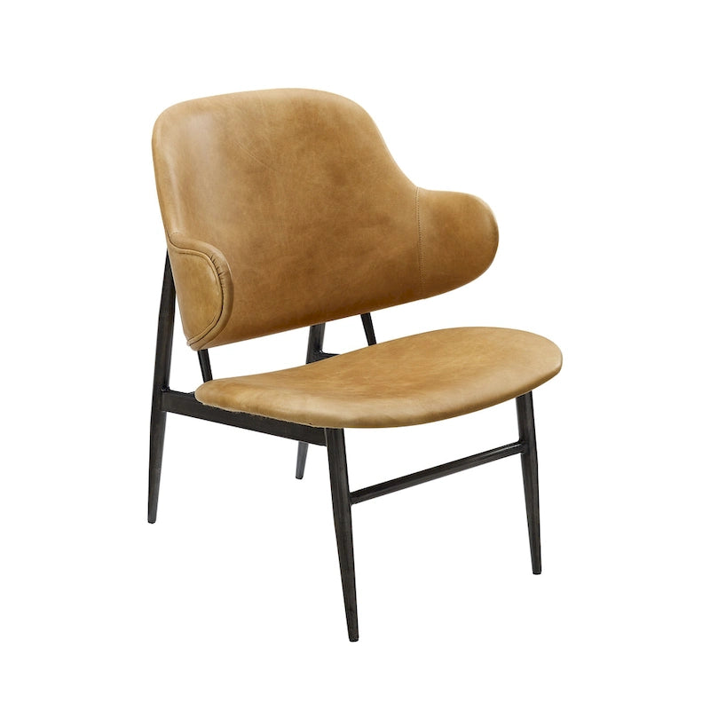 Mid-Century Modern Genuine Leather Accent Lounge Chair with Metal Frame