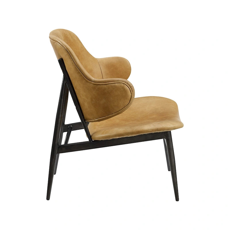 Mid-Century Modern Genuine Leather Accent Lounge Chair with Metal Frame