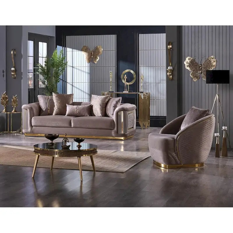 Luxury 2-Piece Living Room Sofa Set with Gold Accents & Pillow Back, Fully Assembled