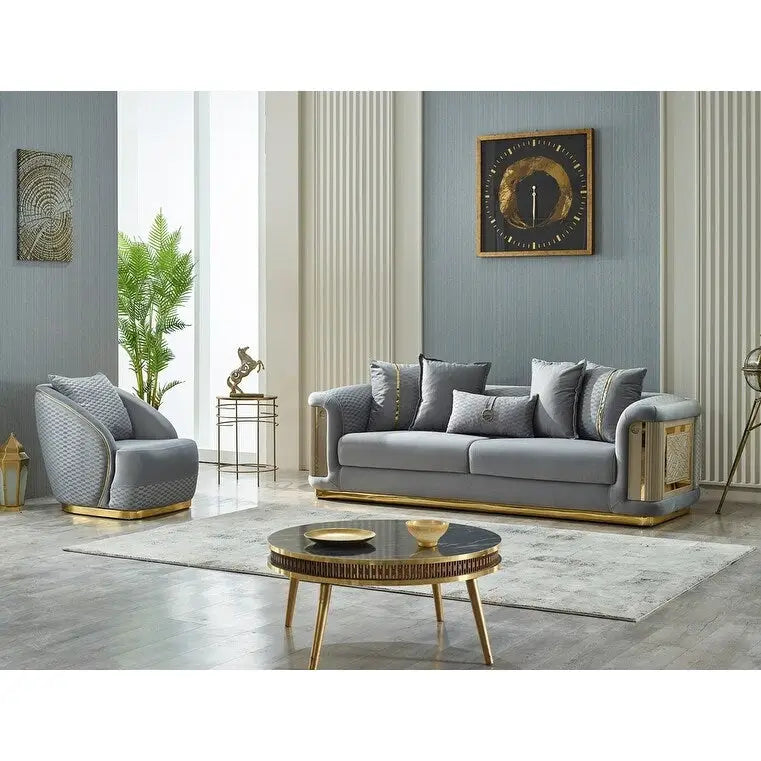 Luxury 2-Piece Living Room Sofa Set with Gold Accents & Pillow Back, Fully Assembled