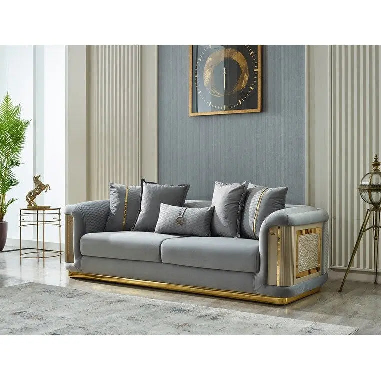 Luxury 2-Piece Living Room Sofa Set with Gold Accents & Pillow Back, Fully Assembled