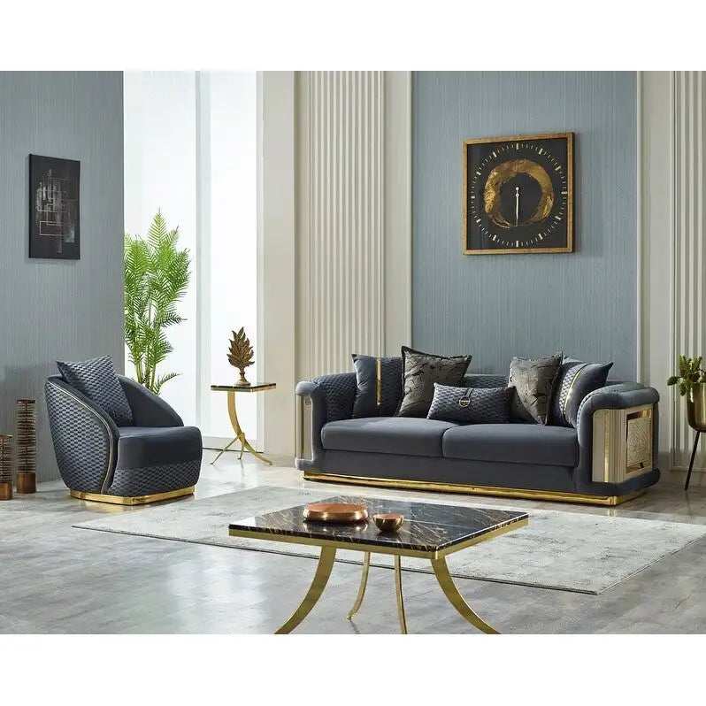 Luxury 2-Piece Living Room Sofa Set with Gold Accents & Pillow Back, Fully Assembled