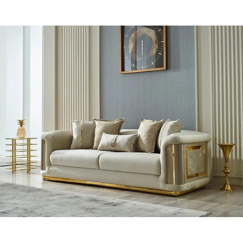 Luxury 2-Piece Living Room Sofa Set with Gold Accents & Pillow Back, Fully Assembled