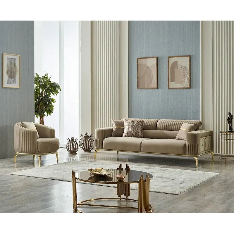 Modern 2-Piece Sofa & Chair Living Room Set with Gold Legs & Fold-Out Bed