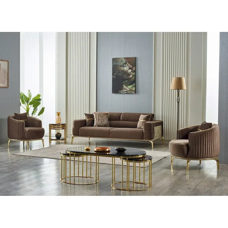 Modern 2-Piece Sofa & Chair Living Room Set with Gold Legs & Fold-Out Bed