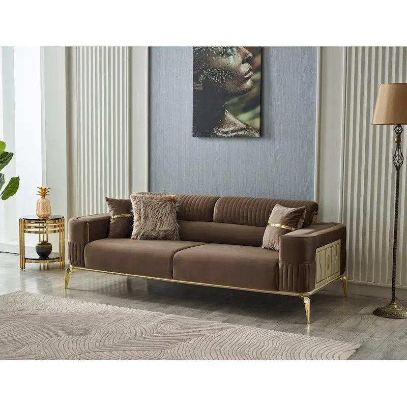 Modern 2-Piece Sofa & Chair Living Room Set with Gold Legs & Fold-Out Bed