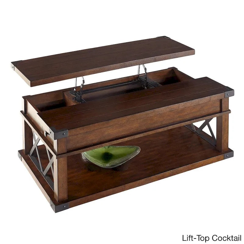 Rustic Ash Veneer Accent Tables with Antique Iron Metal Accents